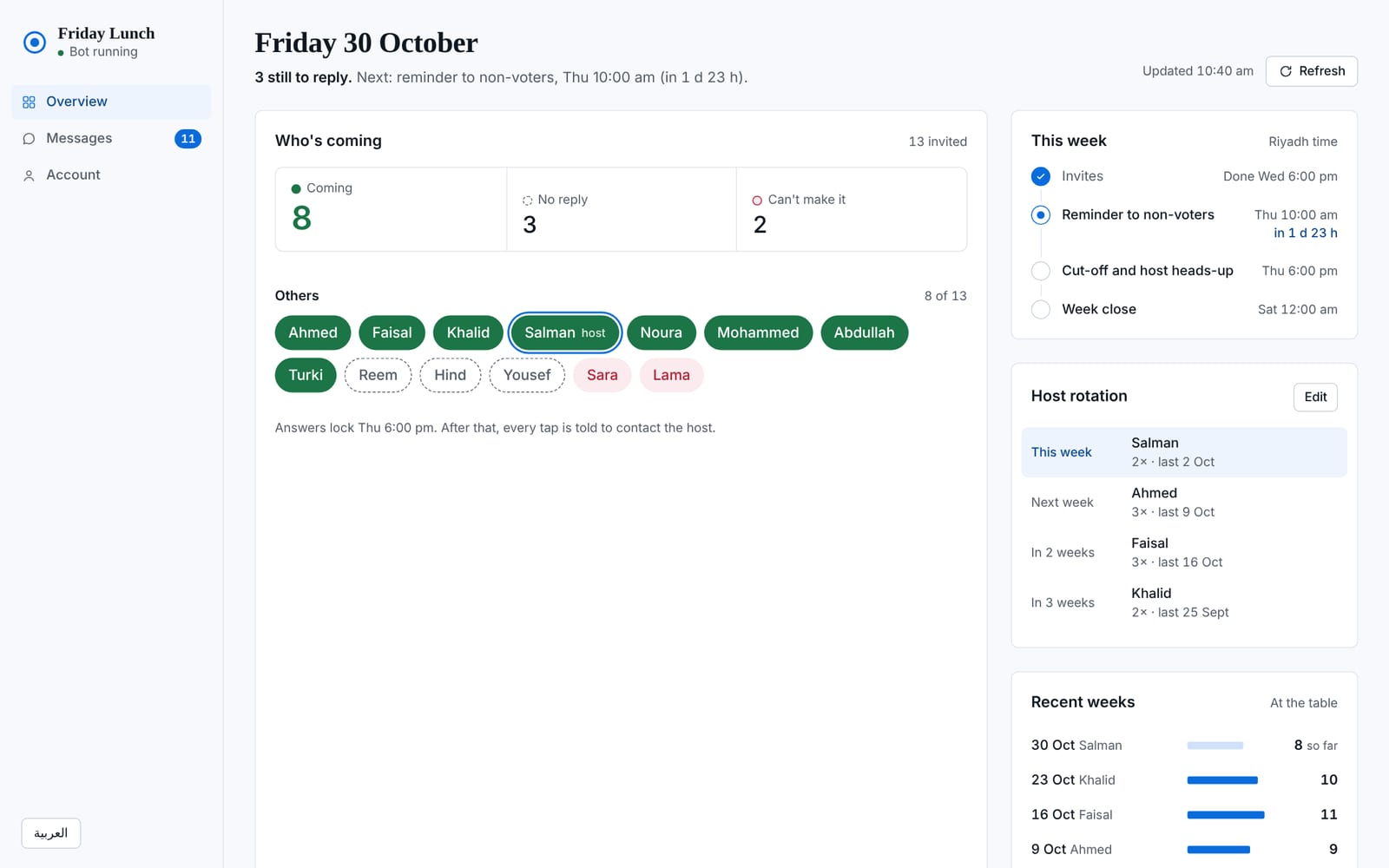 The dashboard in English: who is coming this Friday, the week's schedule and the host rotation (sample names)